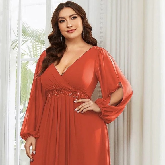 Stylish Plus Size Chiffon Formal Evening Dresses with Long Lantern Sleeves - Picture 1 of 7